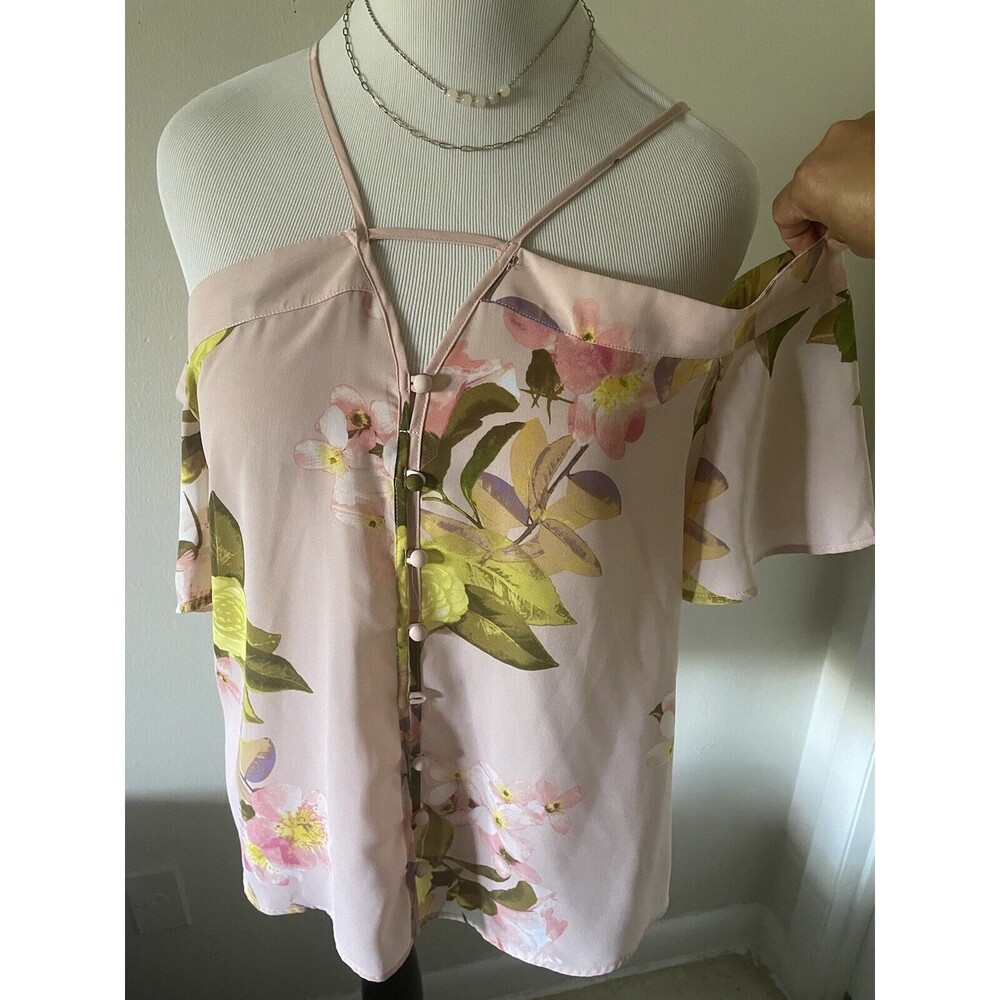 Bold Element Cold Off The Shoulders Pink Floral Button Front Blouse Top Size L